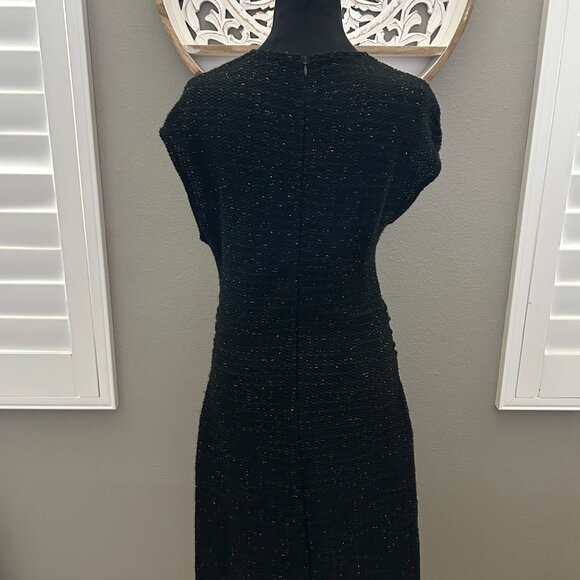Zara Black Shiny Metallic Thread Midi Dress Ruched Waist Short Sleeve SZ L - Picture 2 of 6